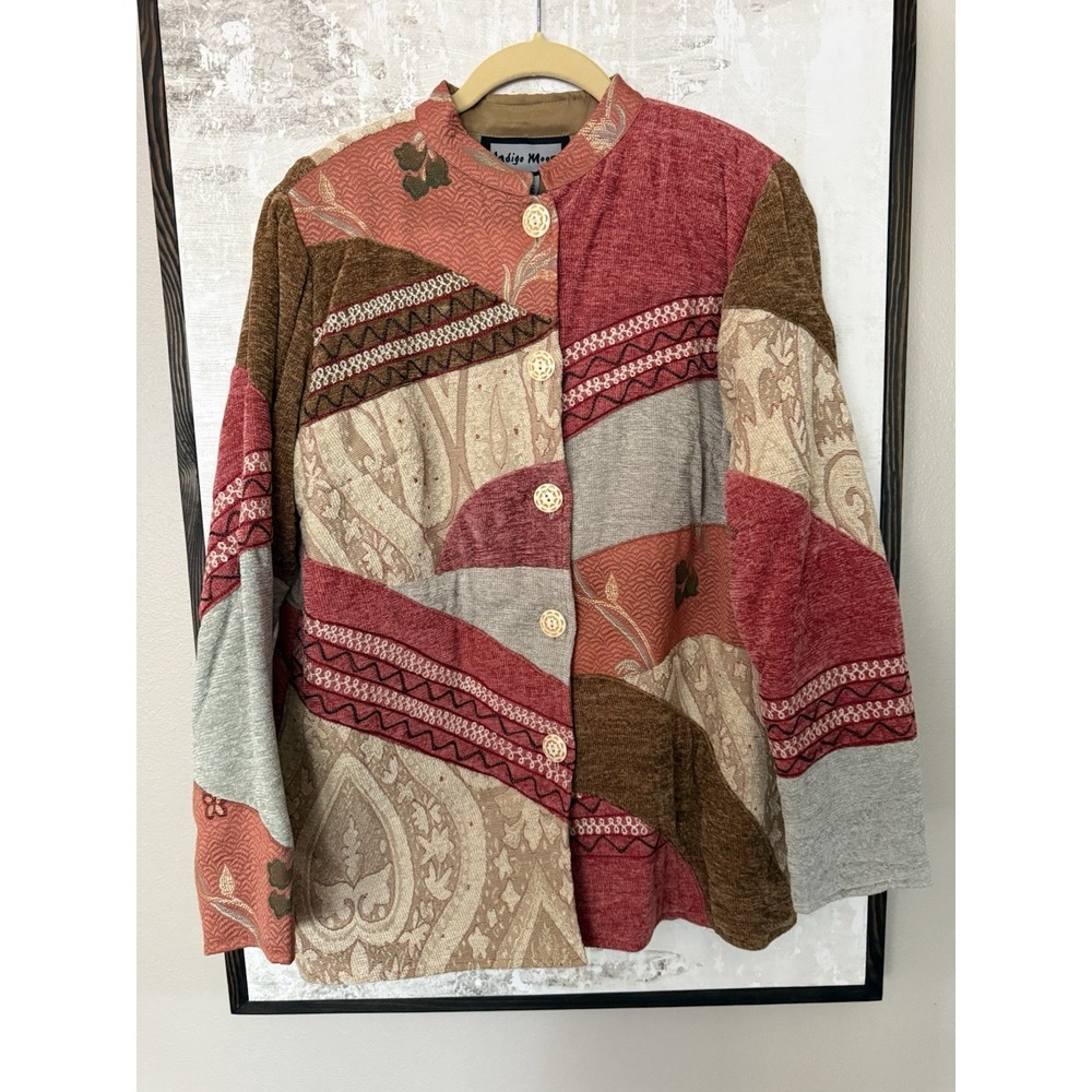 Indigo Moon Vtg 90s Womens Patchwork Embroidered Jacket Chenille Shoulder Pad XS